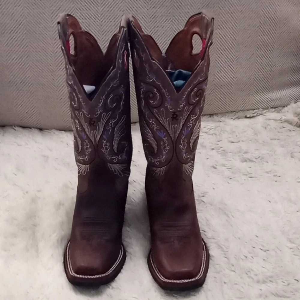 Tony Lama Deadstock Leather Purple Floral Tooled Western Cowboy Boot